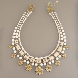 Traditional Ukrainian Necklace By Oksana Boriychuk, Royal Bridal Necklace With Brass Zgards, White Wedding Necklace, Christmas Gift Idea