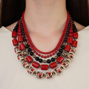 Ukrainian Namysto Necklace, Red and Black Beaded Necklace, Handpainted Ceramic Beads, Traditional Folk Jewelry, Unique Gift from Ukraine.