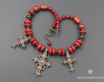 Royal Red Necklace With Large Cross Brass Pendant, Unique Jasper Necklace, Religious Jewelry, Ukrainian Handmade Necklace, Present For Women