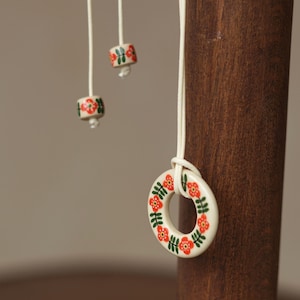 Trendy Cord Choker With Large Ceramic Pendant, Donut Pendant Necklace, Handcrafted Wrap Necklace With Orange Floral Design, Gift For Her