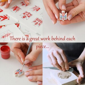 Step-by-step process of making a handmade ceramic Tryzub pendant—featuring sketching, shaping clay in a mold, hand-painting folk motifs, and the final decorated piece, highlighting the craftsmanship behind each item.