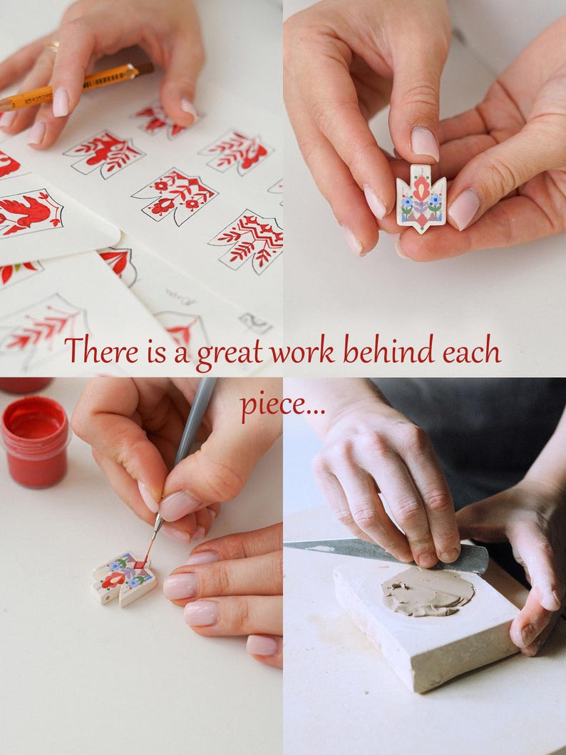 Step-by-step process of making a handmade ceramic Tryzub pendant—featuring sketching, shaping clay in a mold, hand-painting folk motifs, and the final decorated piece, highlighting the craftsmanship behind each item.