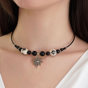 Celestial Choker Necklace with Brass North Star Pendant, Festive Holiday Jewelry Gift for Christmas image 1