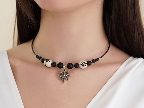 Celestial Choker Necklace with Brass North Star Pendant, Festive Holiday Jewelry Gift for Christmas