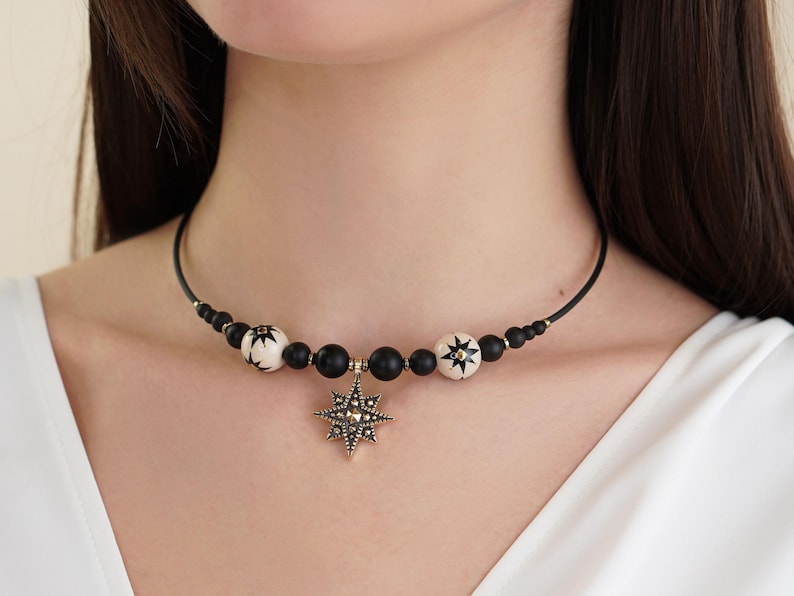 Celestial Choker Necklace with Brass North Star Pendant, Festive Holiday Jewelry Gift for Christmas image 1