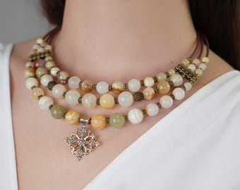 Soft Green and Beige Onyx Beads Choker, Brass Zgarda Ethnic Choker