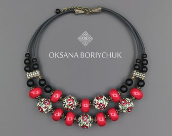 Choker The Poppy ethnic ukrainian jewelry, Boriychuk Jewelry, Royal beaded choker in two rings, red choker, trendy hand-painted beads