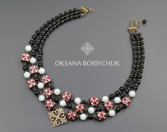 Mother's day Gift for her, Necklace, National Treasure by Ukrainian designer Oksana Boriychuk, Ethnic necklace in black white pink colors