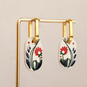 Mix-and-Match Ceramic Earrings with Gold & Silver Fittings, Hand-Painted Floral Jewelry, Bohemian Ceramic Earrings, Ethnic Jewelry Gift