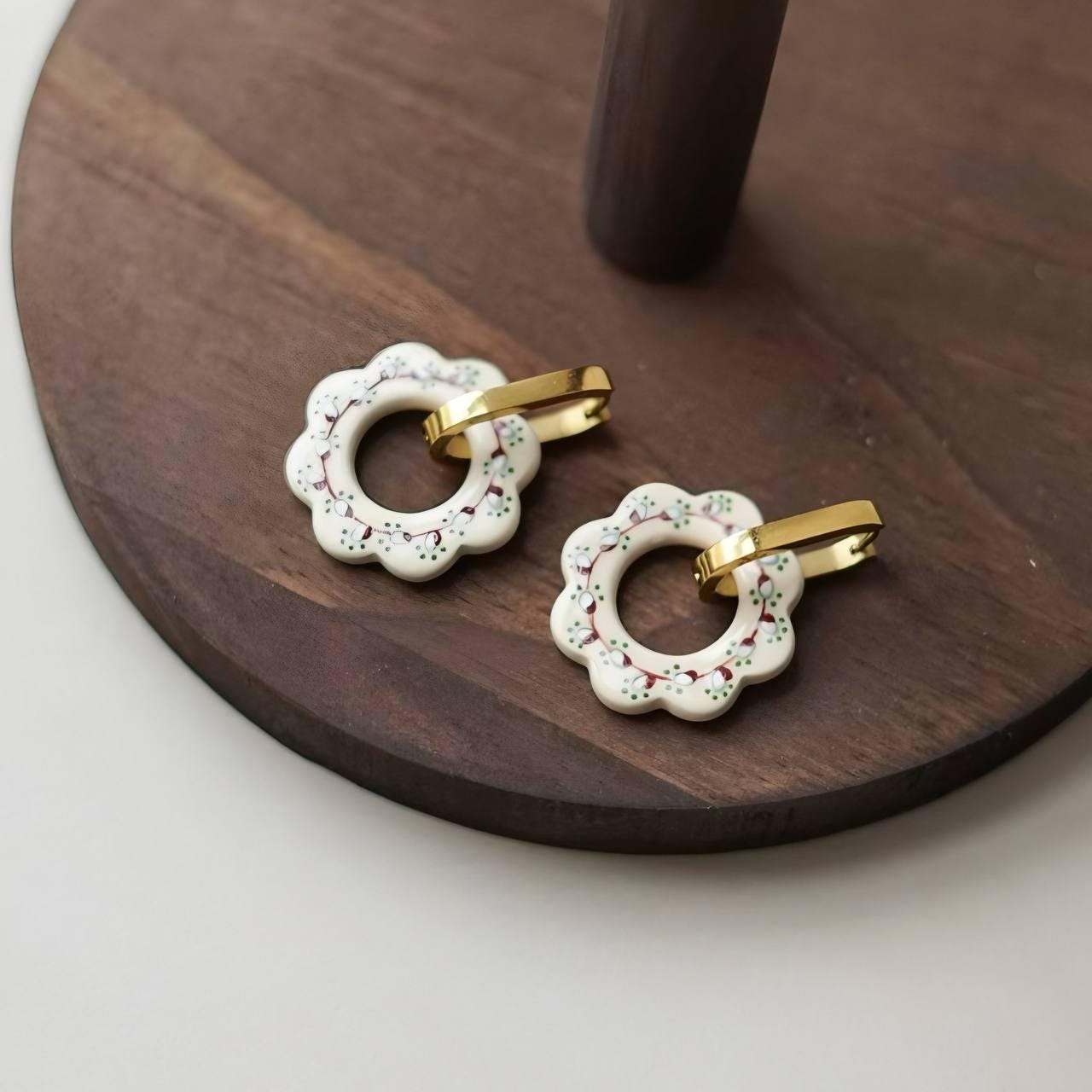 Handmade Ceramic Hoop Earrings, Flower Shaped Earrings, Ukrainian Folk Jewelry by Boriychuk, Boho Earrings, Ethnic Earrings, Gift For Mom