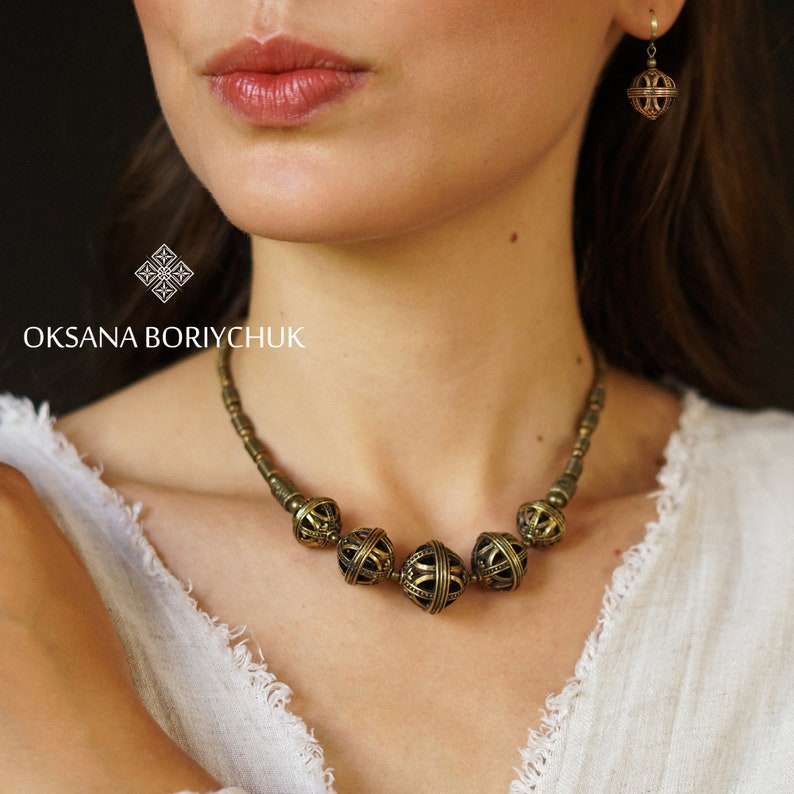 Brass Jewelry Set: Cast Brass Beaded Necklace and Dangle Drop Earrings, Ukrainian Zgardy image 2