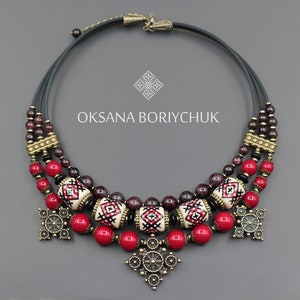Traditional Ukrainian Namysto, Choker With Brass Zgards, Ceramic Choker, 3 Strand Choker, Ethnic Jewelry, Anniversary Gift, Gift For Granny