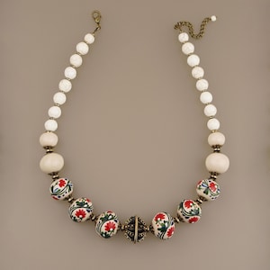 White Ceramic Necklace, Ukrainian Namysto, Beaded Necklace With Floral Pattern, Boho Jewelry, Royal Bridal Necklace, Christmas Gift For Her