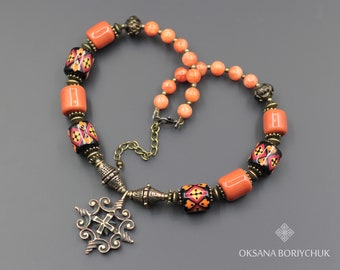 Summer Choker with Brass Pendant, Orange Bright Namysto, Statement Necklace by Designer, Boriychuk Jewelry, Beautiful Choker made in Ukraine