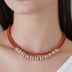 Red Clay Ukrainian Necklace, Floral Pattern Ceramic Beads, Vyshyvanka Accessories, Folk Red Flower Necklace, Traditional Ukrainian Namysto