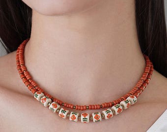 Red Clay Ukrainian Necklace, Floral Pattern Ceramic Beads, Vyshyvanka Accessories, Folk Red Flower Necklace, Traditional Ukrainian Namysto