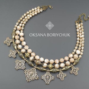 Namysto by Oksana Boriychuk, Zgarda Necklace, Traditional Ukrainian Jewelry, Necklace with Cast Brass Crosses, Unique Cultural Gift for Her