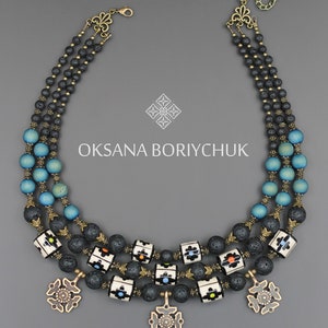 Necklace The Spring Delusion in 3 lines painting beads 48 cm in blue and black, regulated with an extender chain, ethnic Ukrainian jewelry image 5