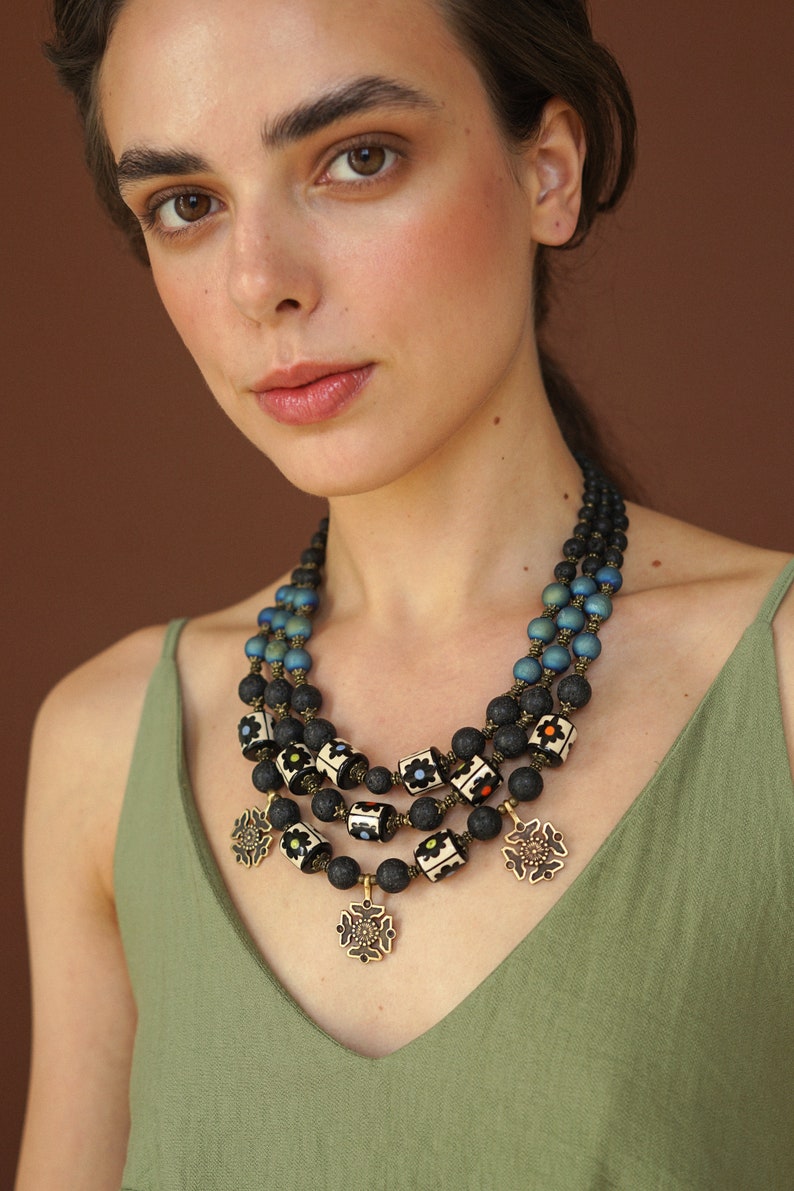 Necklace The Spring Delusion in 3 lines painting beads 48 cm in blue and black, regulated with an extender chain, ethnic Ukrainian jewelry image 6