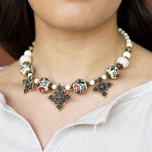 Dainty White Ceramic Choker With Floral Pattern, Short Necklace With Brass Zgards, Ethnic Ukrainian Jewelry, Wedding Choker, Gift For Her
