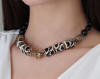 Handcrafted ceramic Necklace, Author&#39;s Brass Beads Necklace, Ukrainian Folk Necklace, Floral Jewelry, Ethnic Necklace, Gift For Grandmother