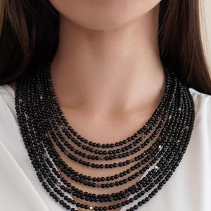 Elegant Black Beaded Necklace, Handmade Multi Strand Necklace, Onyx Necklace with Brass Details, Festive Jewelry for Her, Ethnic Necklace