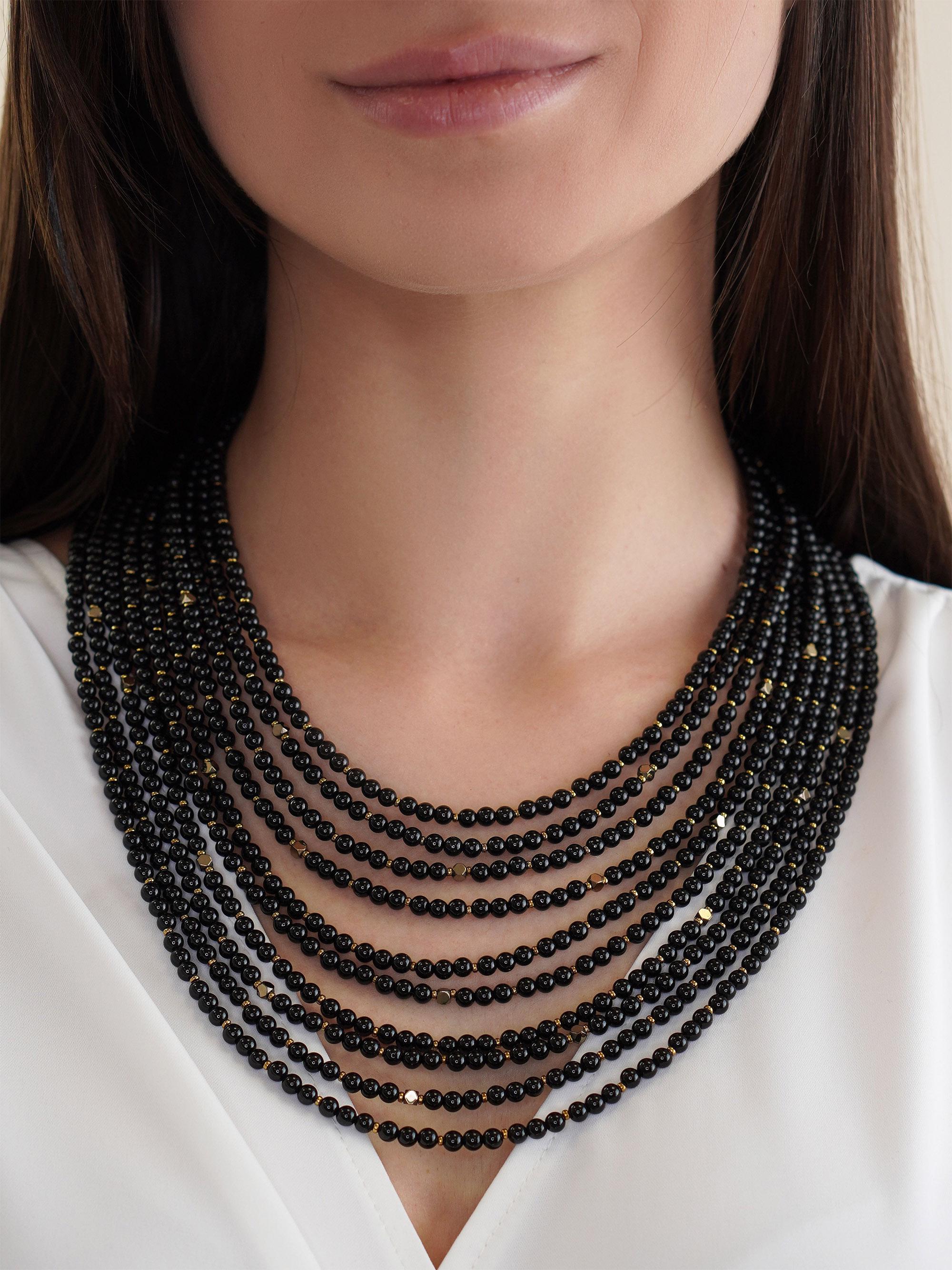 Elegant Black Beaded Necklace, Handmade Multi Strand Necklace, Onyx Necklace with Brass Details, Festive Jewelry for Her, Ethnic Necklace