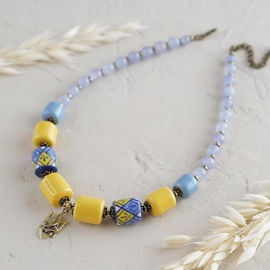Ukrainian National Necklace With Trident Pendant, Blue & Yellow Necklace, Ukrainian Jewelry, Artist Necklace, Holiday Gift From Ukraine