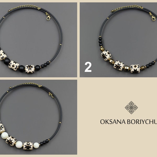 White & Black Native Geometry Pattern Choker, Gold Hand-painted Ceramic Neck Ornament, Short Neutral Necklace, Neck Ring, Boriychuk Jewelry