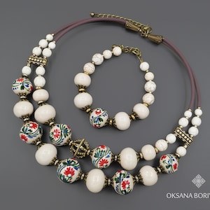 Royal Ceramic Jewelry Set With Floral Pattern, Statement Necklace & Bracelet, Large Beads Necklace, Elegant Beaded Bracelet, Wedding Jewelry