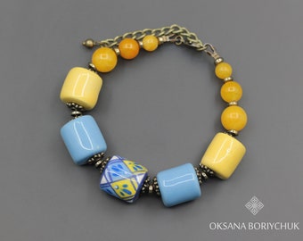 Statement painted bracelet, Craft gift, Ukrainian national accessory, Beaded bracelet in yellow and blue, Designer's beads, Women jewelry