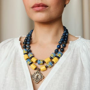Large Beaded Necklace with Brass Zgarda, Blue & Yellow Necklace, Religious Jewelry, Handmade Ukrainian Necklace by Boriychuk, Easter Jewelry