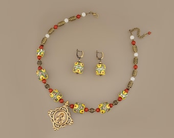 Ceramic Jewelry Set, Traditional Ukrainian Folk Colors, Brass Pendant, Green Yellow Hand Painted Beads