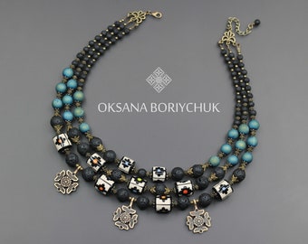 Necklace The Spring Delusion in 3 lines painting beads 48 cm in blue and black, regulated with an extender chain, ethnic Ukrainian jewelry