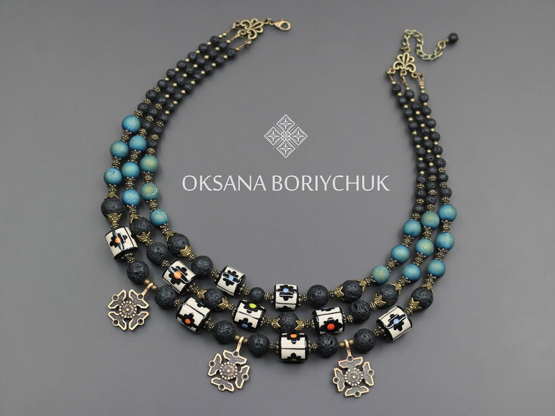Necklace The Spring Delusion in 3 lines painting beads 48 cm in blue and black, regulated with an extender chain, ethnic Ukrainian jewelry image 1