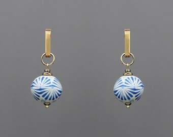 Something Blue for Bride, Brass Hooks Ceramic Earrings, Floral Pattern Ball Earrings, Dainty Cornflower Earrings, Gift for Cornflower Lovers