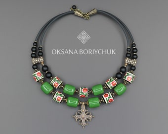 Green choker with brass cross, Handmade painting beads, Elegant solid women jewelry, Royal ceramic necklace, Craft gift, Boriychuk Jewelry