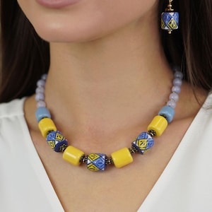 Necklace In Traditional Ukrainian Colors, Handcrafted Blue & Yellow Necklace, Statement Necklace With Folk Ukrainian Pattern, Gift For Her