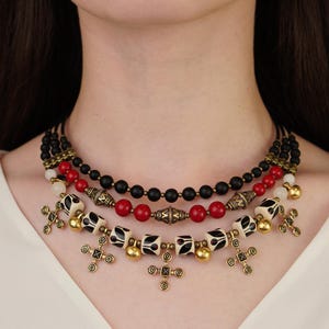 Statement Multi Strand Choker, Beaded Necklace With Brass Zgards, Ukrainian Namysto, Ethnic Jewelry, Royal Necklace, Christmas Gift Idea