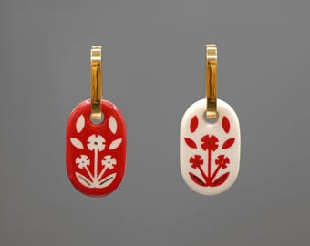 Charming Red & White Earrings, Elegant Double-Sided Ceramic Earrings, Ukrainian Jewelry, Earrings With Floral Design, Perfect Gift For Her