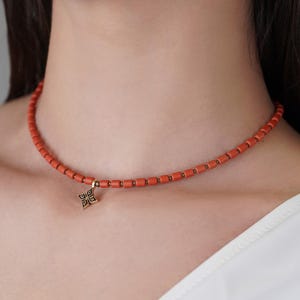 Minimalist Beaded Necklace With Brass Ukrainian Zgarda, Red Ceramic Necklace, Ethnic Jewelry, Slavic Necklace, Gift From Ukraine, Mom Gift