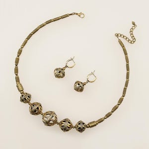Brass Jewelry Set: Cast Brass Beaded Necklace and Dangle Drop Earrings, Ukrainian Zgardy image 1