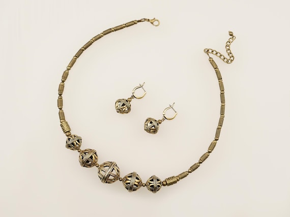 Brass Jewelry Set: Cast Brass Beaded Necklace and Dangle Drop Earrings, Ukrainian Zgardy
