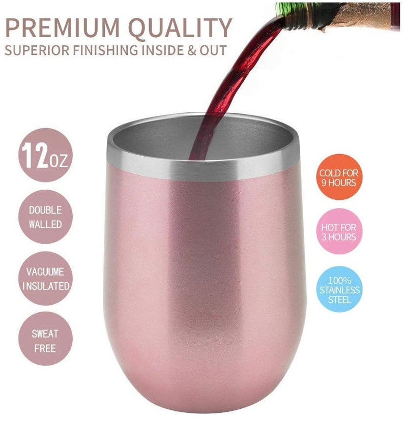 12 oz /& Straw Travel Stemless Wine Glass Cup Lid Your Name Cup Custom Name Rose Gold Tumbler Double Wall Vacuum Insulated