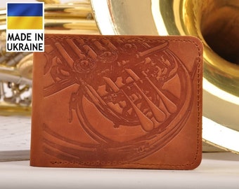 Personalized Leather wallet with print great gift for french horn players by MG Leather Work