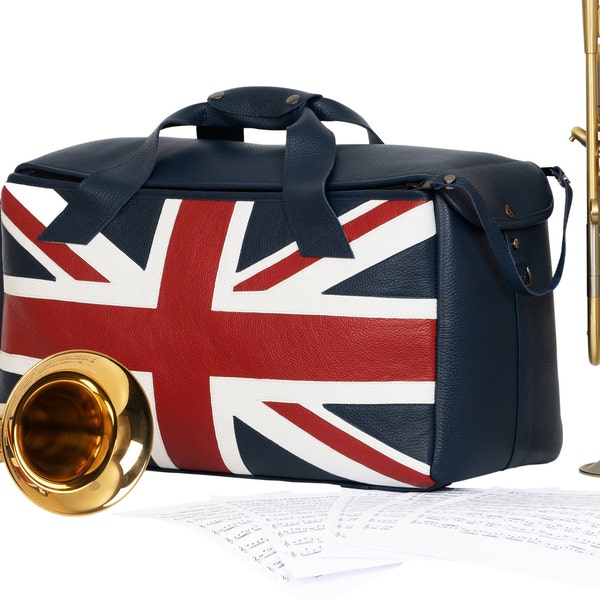 Trumpet, flugelhorn, piccolo-trumpet, cornet Double/Triple leather gig bag whit UK flag, trumpet, flugelhorn, cornet, piccolo trumpet bag