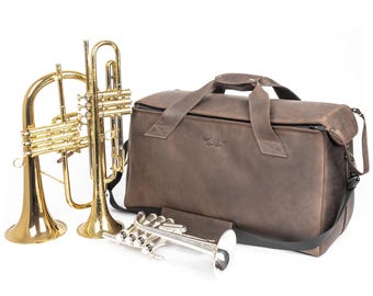 Trumpet Bag, Double/Triple gig bag, Genuine Leather Trumpet Bag, Flugelhorn, cornet, piccolo trumpet B, C Personalized gift for trumpeter