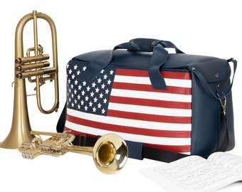 Trumpet, Flugelhorn, Cornet, Piccolo trumpet Double/Triple bag whit USA flag, leather bag for trumpet, flugelhorn, cornet, piccolo trumpet