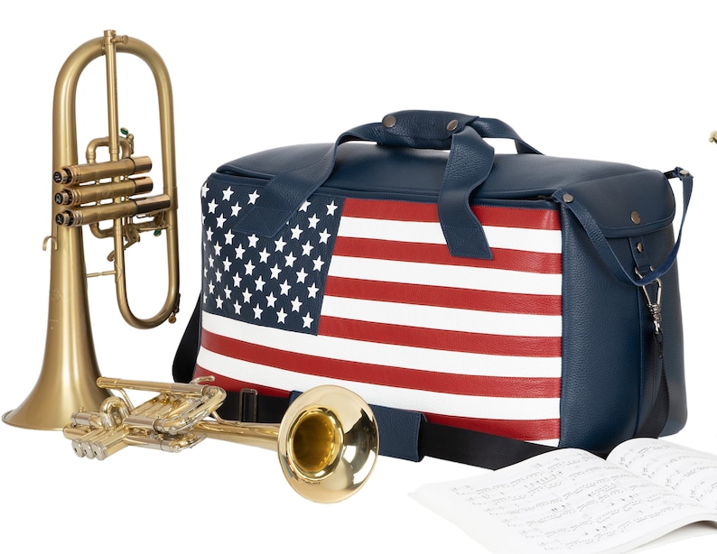 Trumpet, Flugelhorn, Cornet, Piccolo trumpet Double/Triple bag whit USA flag, leather bag for trumpet, flugelhorn, cornet, piccolo trumpet image 1