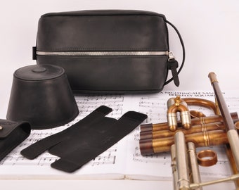 Personalized Trumpet Set Magnetic Mute, Valve Guard & Mouthpiece pouch all in a large, comfortable Bathroom Bag.